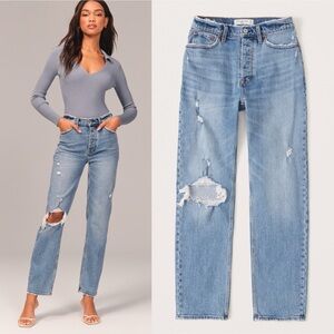 Abercrombie & Fitch High Rise Dad Loose Straight Leg Jeans Distressed Blue 31 12